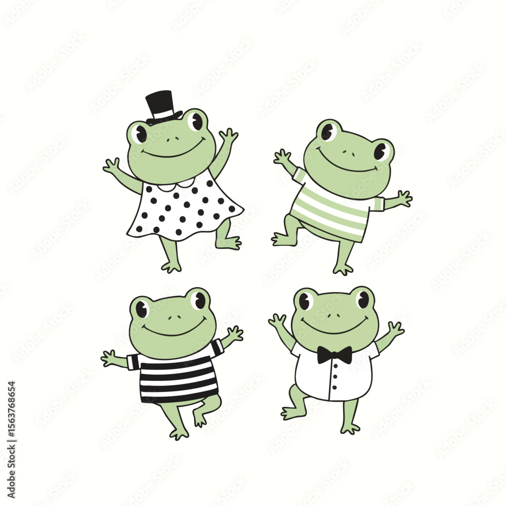 Fototapeta premium Cute Handdrawn Funny Frog Character Cartoon Illustration in Various Outfits