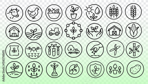 Agriculture icons set. Farming agriculture cultivation harvesting design. Modern science farm food business organic ecological. Line art green background vector
