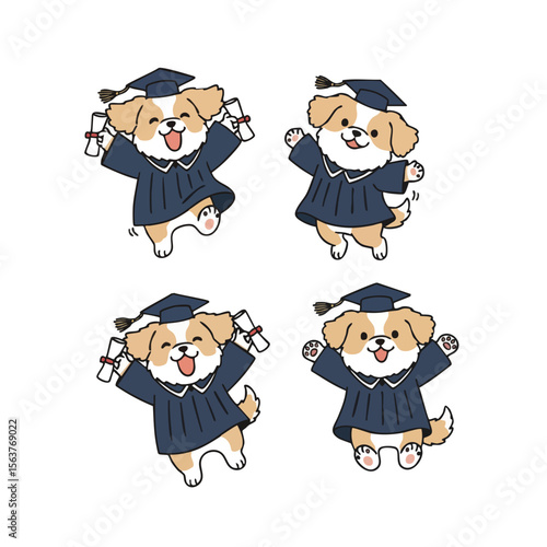 Cute Cartoon Style Graduation Dog Pet Animal Character Set