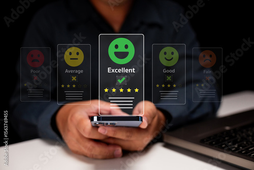 A person uses a smartphone to rate a service or product as 