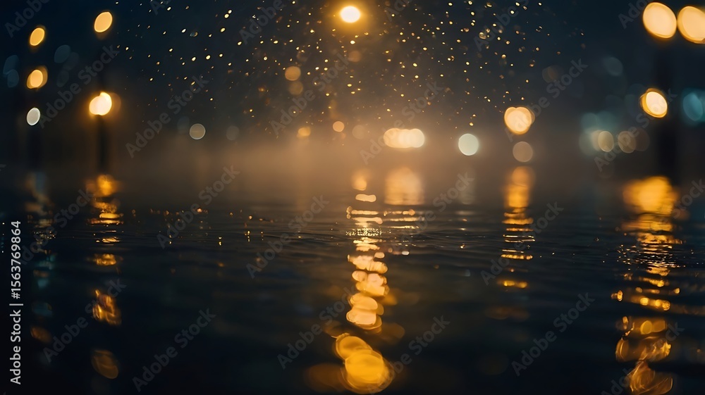 Naklejka premium Dreamy Golden Bokeh Lights Floating in Midnight Fog