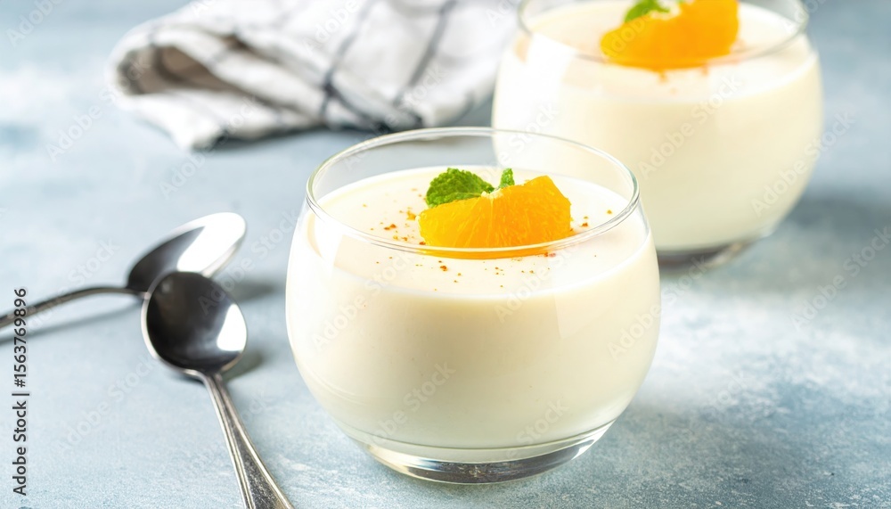 Fototapeta premium Creamy dessert served in glass bowls with orange slices and mint, set on a blue table