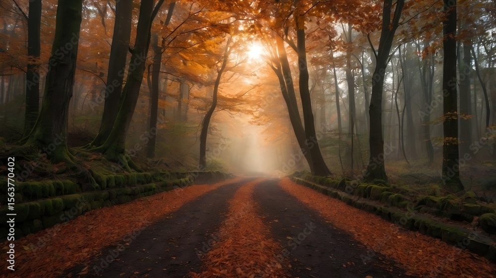 Fototapeta premium Autumnal Forest Path Sunlit Road Through Misty Woods