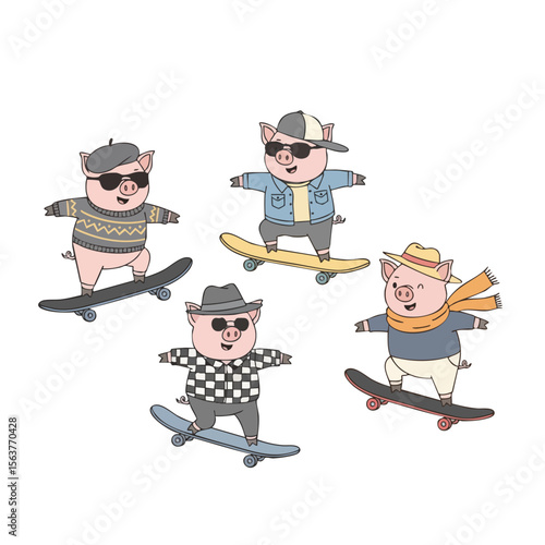 Playful Cartoon Piglets on Skateboard Character Illustration for Children's Design