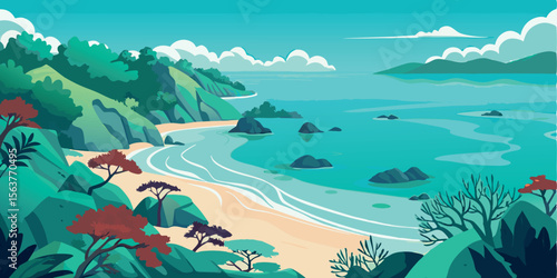 Serene Coastal Landscape: Vibrant Teal Ocean, Sandy Beach, Lush Green Cliffs, Tranquil Mood, Flat Vector Illustration, Summer Vacation, Travel, Paradise.