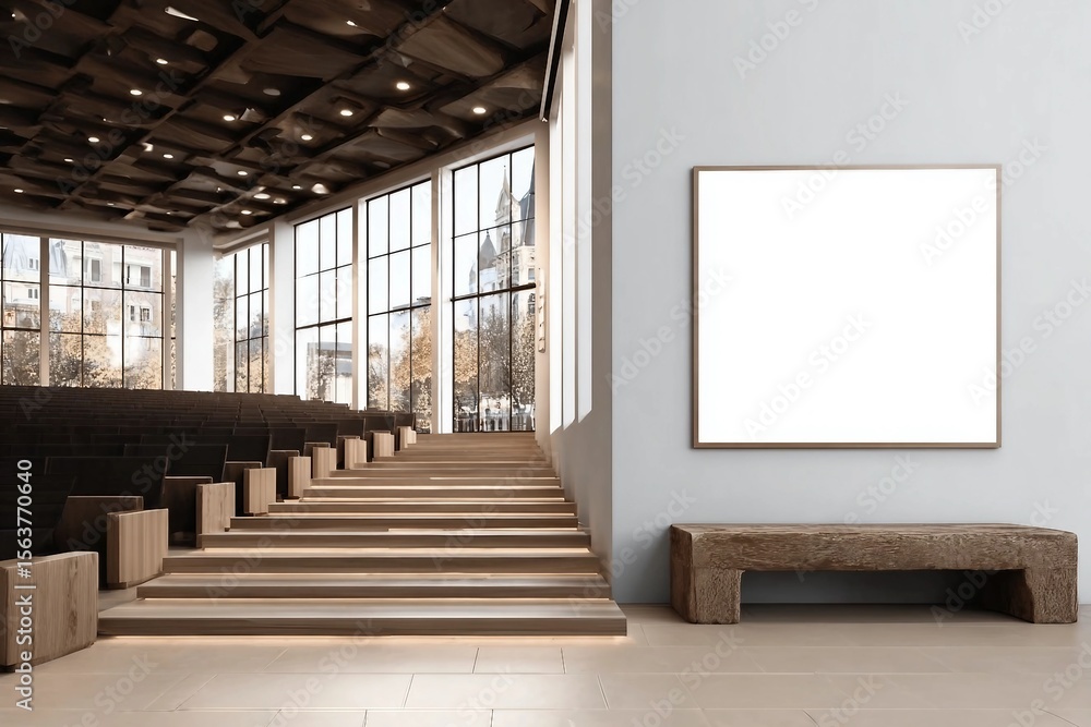 Fototapeta premium Modern wooden and concrete auditorium interior with empty white mock up poster on wall, panoramic windows, city view and daylight. 3D Rendering