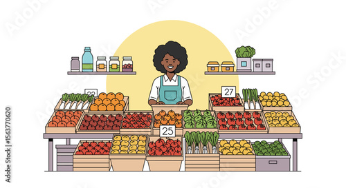 A Friendly Vendor Stands Behind a Vibrant Market Stall Overflowing With Fresh Produce