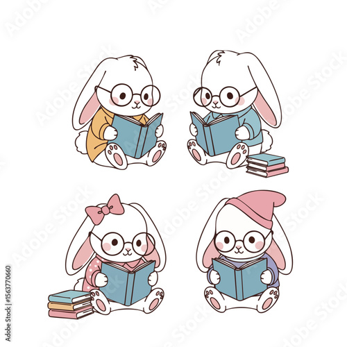 Cute Handdrawn Little Bunny Reading Book Illustration Set Character