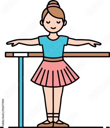 Young ballerina girl practicing at the dance barre, a cute cartoon character in a pink tutu. Flat vector illustration of a child in ballet class learning a pose, isolated on white background.