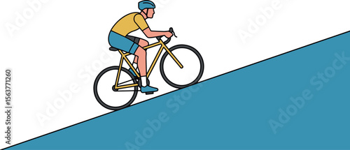 Uphill cycling athlete vector illustration. Man on a road bike climbing a steep incline. Modern flat design icon representing sports competition, endurance, challenge, and healthy lifestyle.