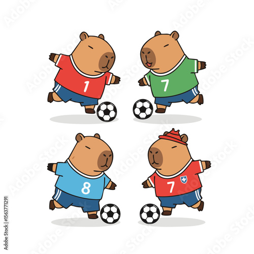 Cute Cartoon Capybara Playing Soccer in Team Uniform Illustration