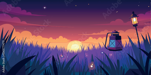 Serene Sunset Meadow Landscape:  Silhouette of Lanterns and Tall Grass at Dusk, Vector Illustration, Peaceful and Calm Mood.