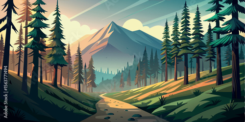 Serene mountain valley landscape; stylized vector art; tranquil morning light; winding path through evergreen forest; peaceful nature scene; idyllic outdoor background.