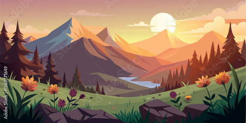Serene Sunset Mountain Landscape:  Vibrant Vector Illustration Featuring Majestic Peaks, Tranquil Valley, and Blooming Wildflowers at Golden Hour.