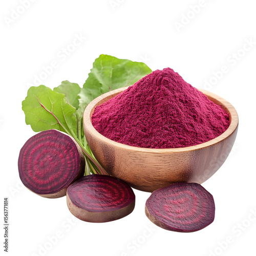 Beetroot powder in wooden cup with beetroot isolated on transparent background