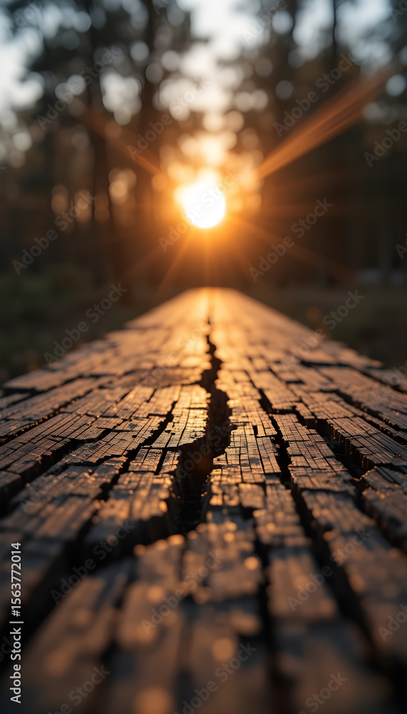 Obraz premium Close-Up of Weathered Wooden Surface with Warm Sunset Glow and Deep Cracks