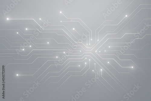 Abstract digital circuit board with glowing nodes on a grey background