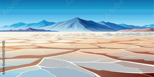 Serene Salt Flat Landscape:  Abstract Vector Illustration of Cracked Earth,  Blue Mountains, and Clear Sky; Peaceful, Minimalist Design.