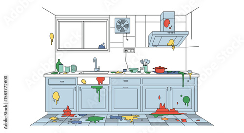 A Messy Kitchen Scene Filled With Colorful Splatters Of Paint And Food Showing A Complete Disarray After A Party Or Event