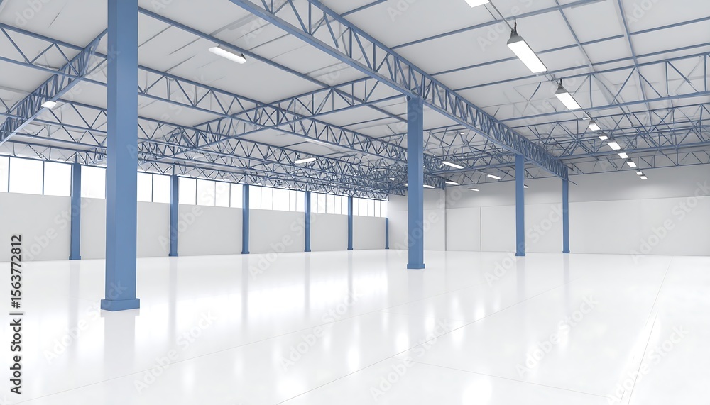 Obraz premium Empty Warehouse Interior with Blue Supports.