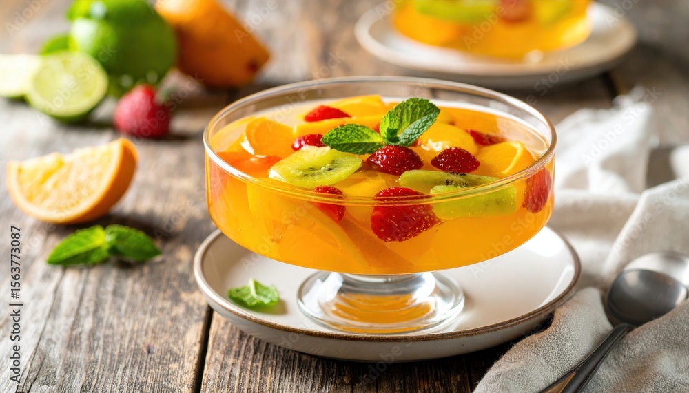Colorful fruit jelly dessert served in a glass bowl on a rustic wooden table with fresh fruits Colorful fruit jelly dessert served in a glass bowl on a rustic wooden table with fresh fruits