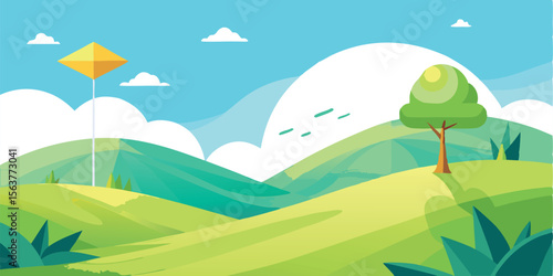 Serene cartoon landscape illustration: idyllic rolling green hills, single tree, bright sky, minimalist style, cheerful mood, perfect for children's book, website banner, or app design.