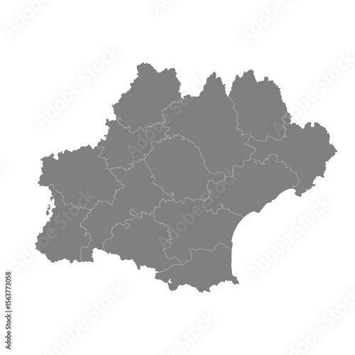 High Quality map of Occitanie is a region of France, with borders of the departments