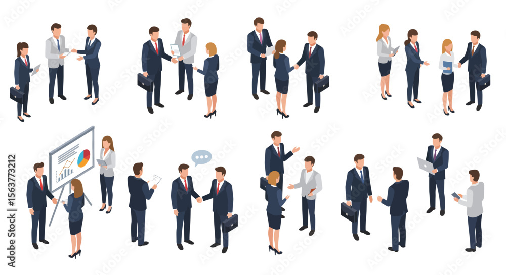Isometric illustration of diverse businesspeople collaborating, shaking hands, and presenting data during a series of productive meetings and presentations, showcasing teamwork and communication Isometric illustration of diverse businesspeople collaborating, shaking hands, and presenting data during a series of productive meetings and presentations, showcasing teamwork and communication