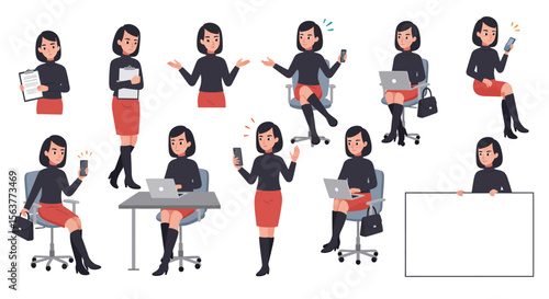 A young businesswoman is shown in various poses and situations, showcasing diverse work activities using devices such as laptops and smartphones, and also includes a blank sign for easy customization.