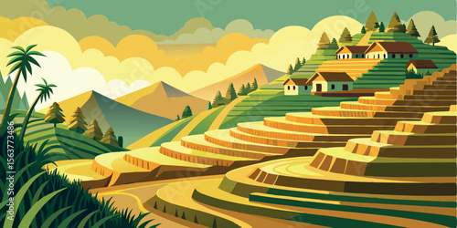 Serene Asian Rice Terraces at Sunset:  Warm-toned, stylized vector illustration of idyllic rural landscape, featuring traditional houses and lush greenery.