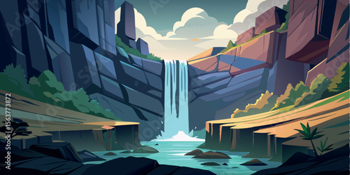 Serene Waterfall Landscape: Stylized Vector Illustration of a Majestic Waterfall cascading between dramatic, geometric cliffs, peaceful mood, vibrant colors.