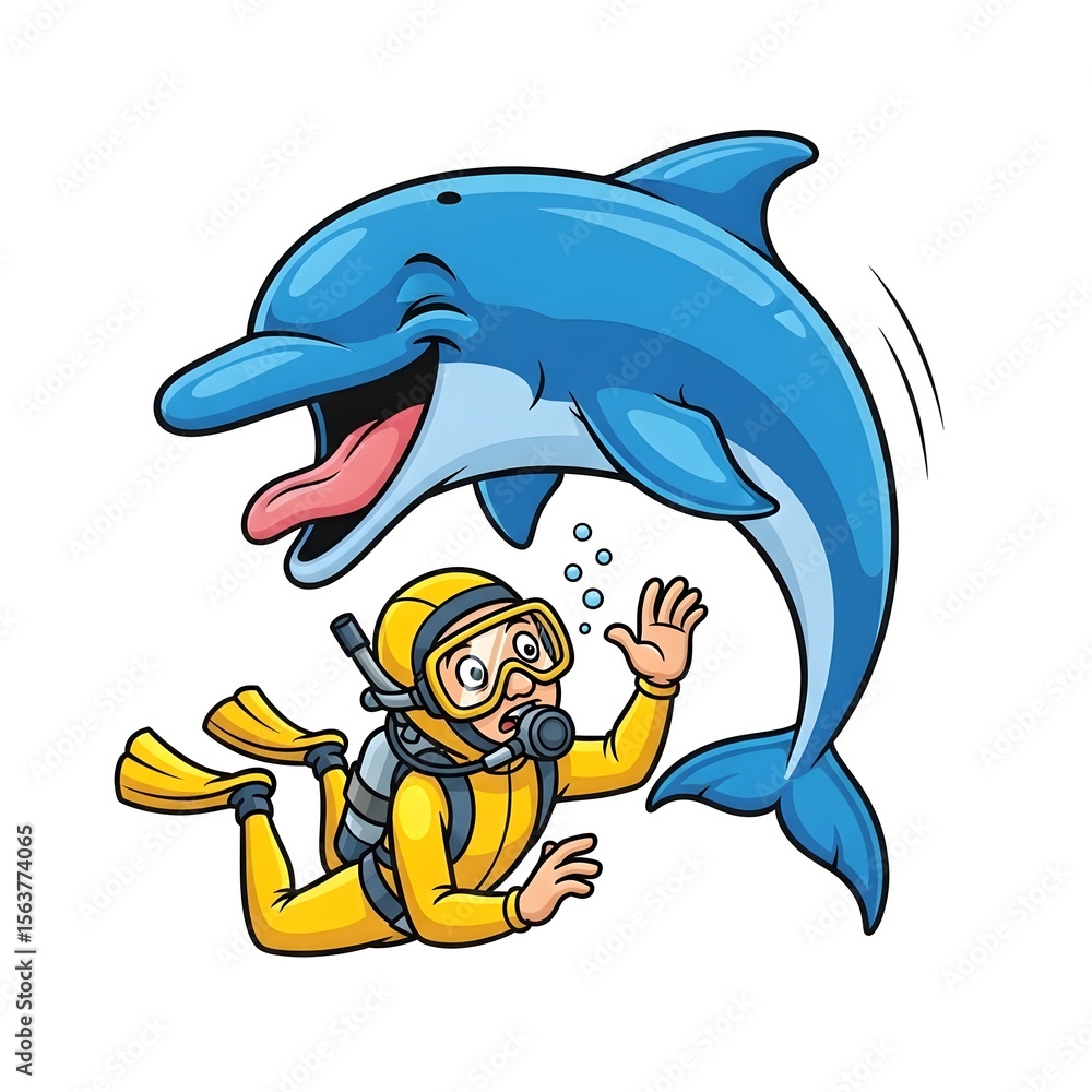 Obraz premium Cute cartoon dolphin playing with a ball in the ocean water