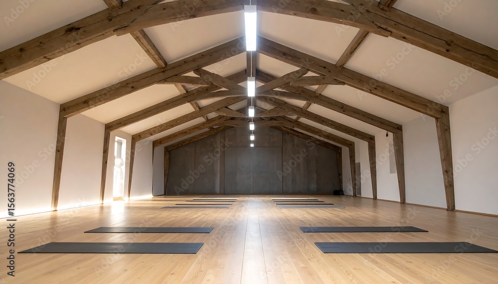 Empty yoga studio with wooden beams. Empty yoga studio with wooden beams.