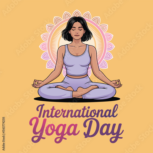 Illustration of serene woman in lotus position for yoga day, with an intricate mandala backdrop, embodying peace and wellness.