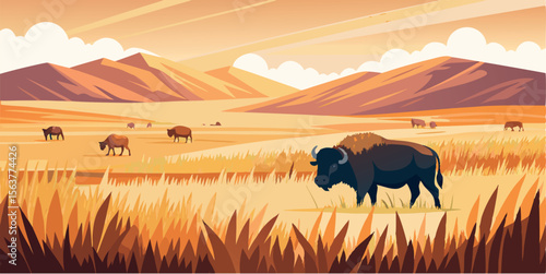 Serene Sunset Prairie Landscape: Bison Grazing in Golden Grasslands, Majestic Mountains Background, Warm Autumnal Tones, Vector Illustration, Peaceful Wildlife Scene.