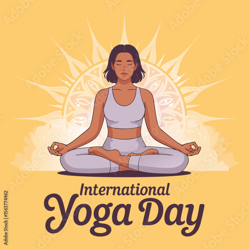 Serene woman in lotus position, practicing yoga, against a sunburst mandala, celebrating International Yoga Day.