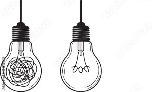 Black and white illustration of creative chaos vs clarity in lightbulb designs.
