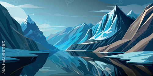 Serene Glacial Lake Reflected in Majestic, Stylized Blue Mountains:  A Modern, Minimalist Landscape Illustration.