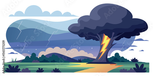 Stylized illustration: Lightning striking a tree during a dramatic thunderstorm, flat design, moody landscape.