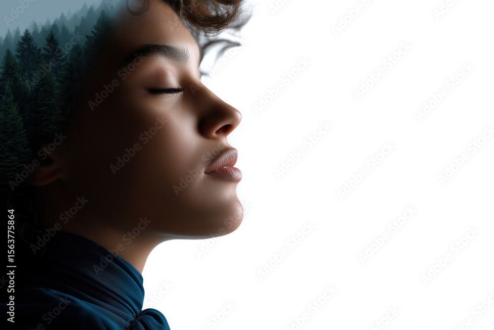 Fototapeta premium A serene studio shot of a young woman with her eyes closed emphasizing natural beauty and minimal makeup in a soft focus setting