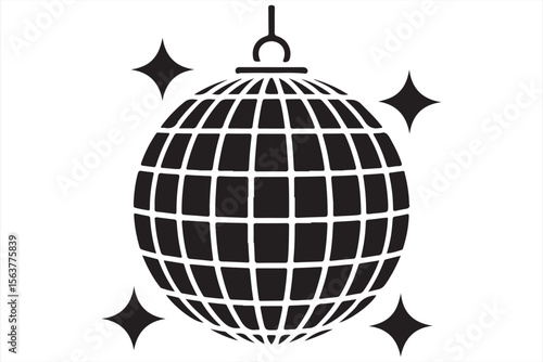 Black and white disco ball with sparkling stars symbolizing a festive atmosphere.