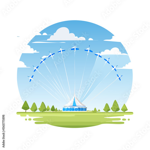 Airshow Formation over a Tent Structure with Trees and Cloudy Sky