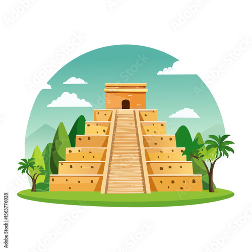 Ancient Mayan Pyramid Scene with Lush Greenery