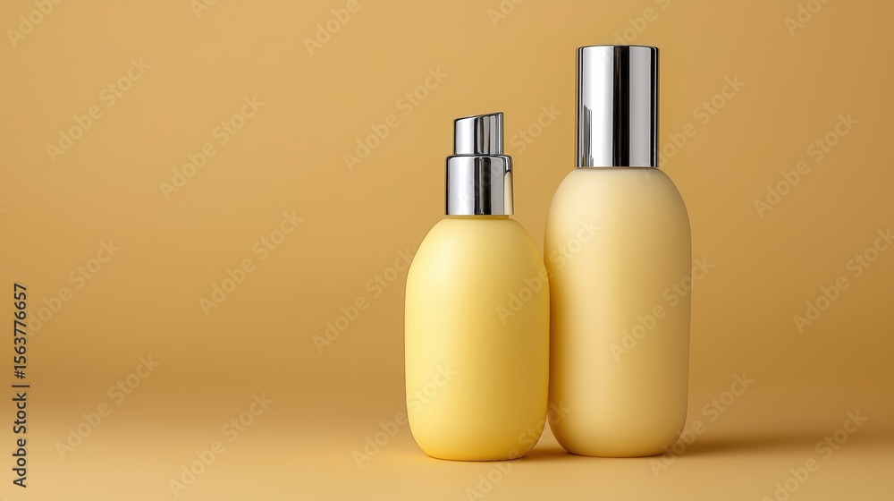 Naklejka premium Stylish arrangement of two cream and serum bottles positioned on a soft background for an elegant beauty presentation focused on modern aesthetics