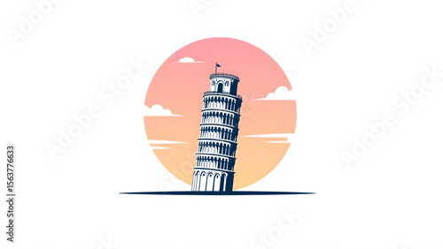 Minimalist flat design illustration of leaning tower with arches and flag on top against pink and orange sunset sky with clouds