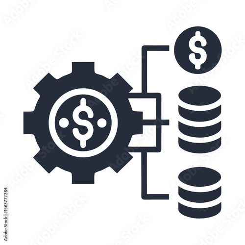 Gear with dollar sign connected to stacked coins money finance