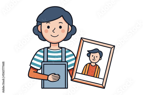 A smiling person in a striped shirt and overalls holds a framed picture of another person showcasing a cherished memory or portrait
