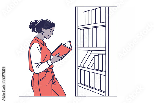A woman with dark hair pulled back in a bun wearing a coral vest and pants reads a book next to a bookshelf