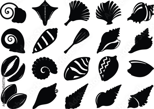 Black Silhouettes of Various Seashells for Graphic Design and Illustration