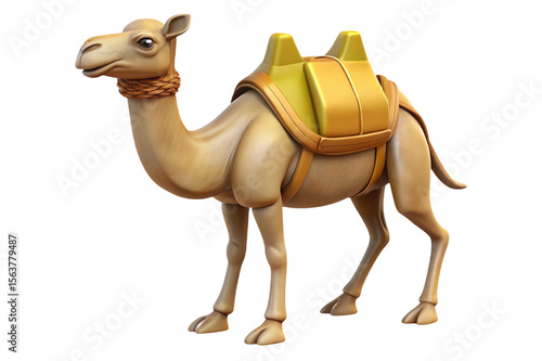Stylized 3d camel with golden saddle and reins isolated on transparent background